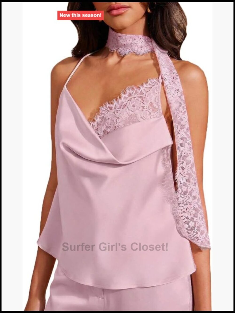 Satin Lace Cami Sleeveless Cowl Neck Backless Top with Scarf